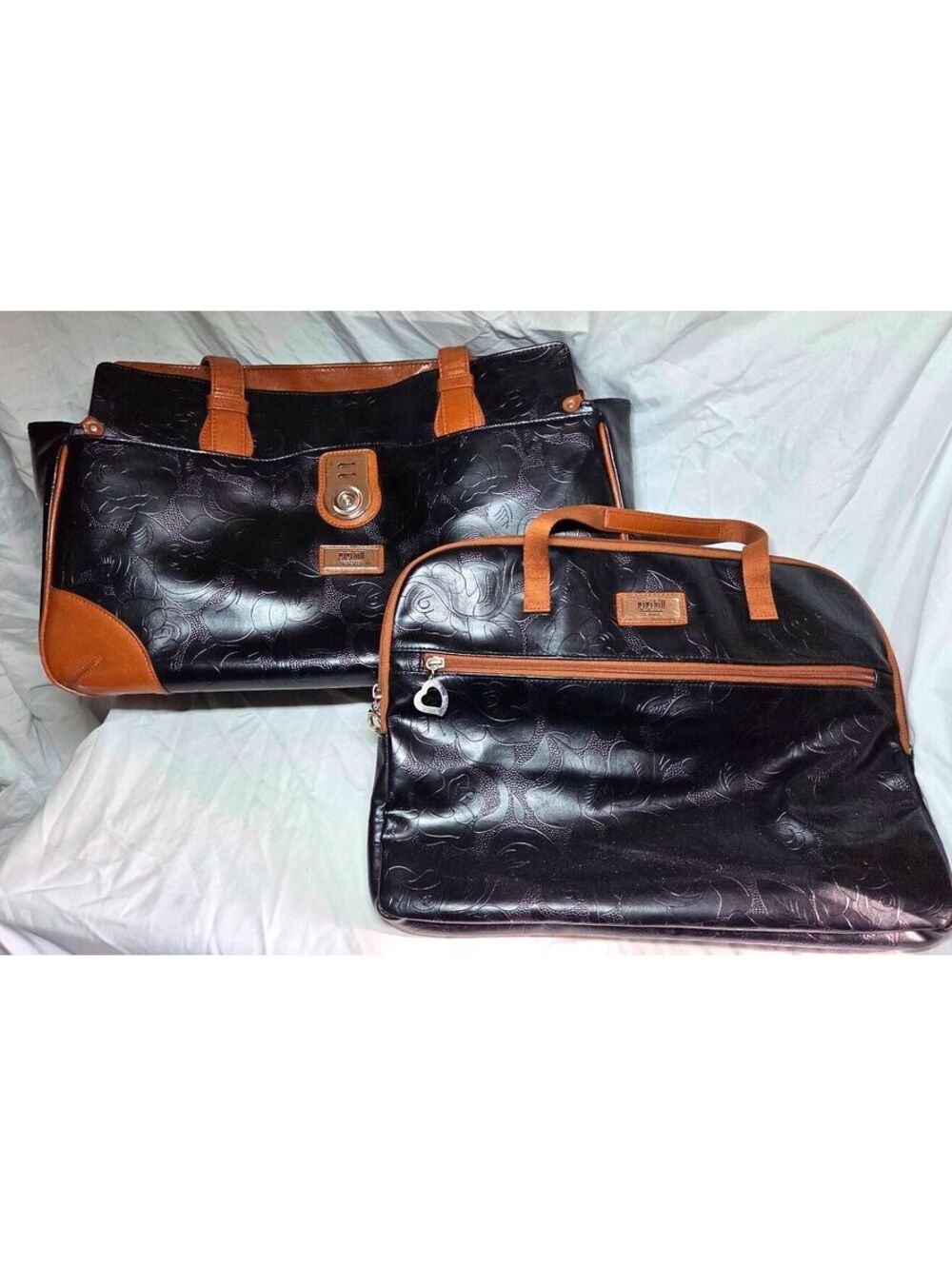 Gigi Hill LA Black & Tan Floral Embossed Tote Bag w/ Matching Accessory Pouch